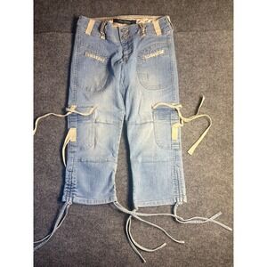 Blue Pointe Crop Pants Men Small Denim Ramie Cargo Pockets‎ Tie Ankle Button Fly
